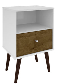 Table de nuit Liberty de Manhattan Comfort de style moderne du milieu du 20e siècle avec compartiment et tiroir - blanche et brun rustique