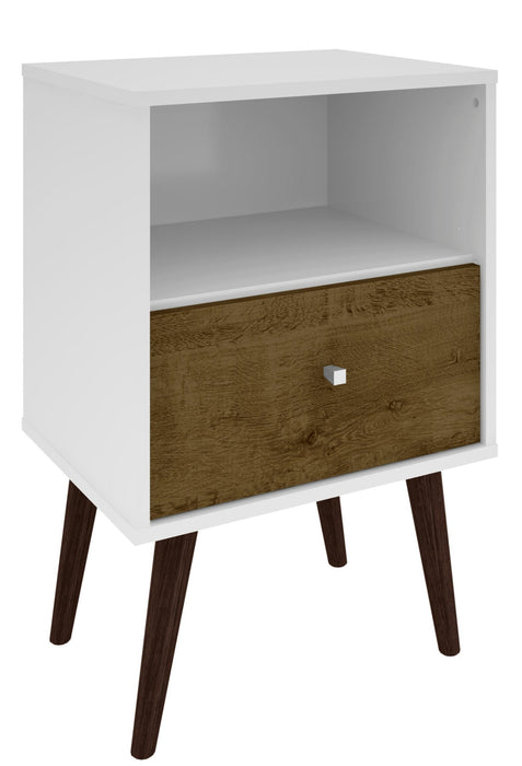 Table de nuit Liberty de Manhattan Comfort de style moderne du milieu du 20e siècle avec compartiment et tiroir - blanche et brun rustique