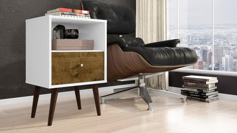 Table de nuit Liberty de Manhattan Comfort de style moderne du milieu du 20e siècle avec compartiment et tiroir - blanche et brun rustique