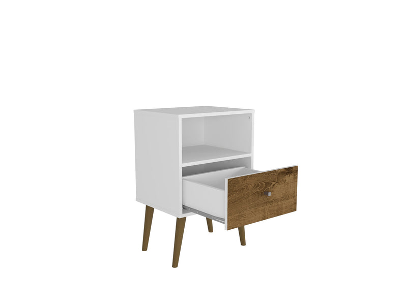 Table de nuit Liberty de Manhattan Comfort de style moderne du milieu du 20e siècle avec compartiment et tiroir - blanche et brun rustique