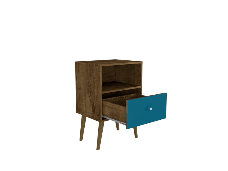 Table de nuit Liberty de Manhattan Comfort de style moderne du milieu du 20e siècle avec compartiment et tiroir - brun rustique et bleu turquoise