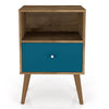 Table de nuit Liberty de Manhattan Comfort de style moderne du milieu du 20e siècle avec compartiment et tiroir - brun rustique et bleu turquoise