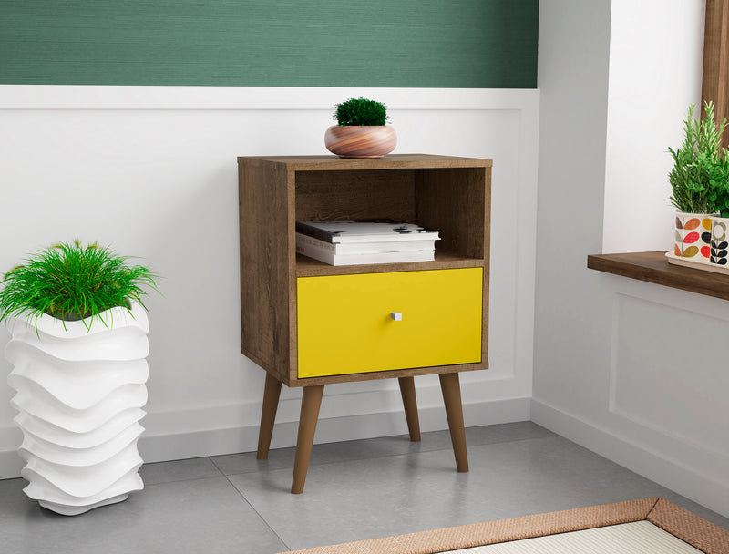 Table de nuit Liberty de Manhattan Comfort de style moderne du milieu du 20e siècle avec compartiment et tiroir - brun rustique et jaune