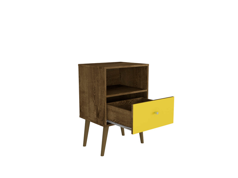Table de nuit Liberty de Manhattan Comfort de style moderne du milieu du 20e siècle avec compartiment et tiroir - brun rustique et jaune