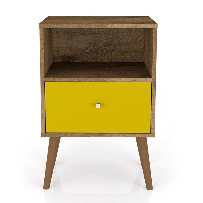 Table de nuit Liberty de Manhattan Comfort de style moderne du milieu du 20e siècle avec compartiment et tiroir - brun rustique et jaune