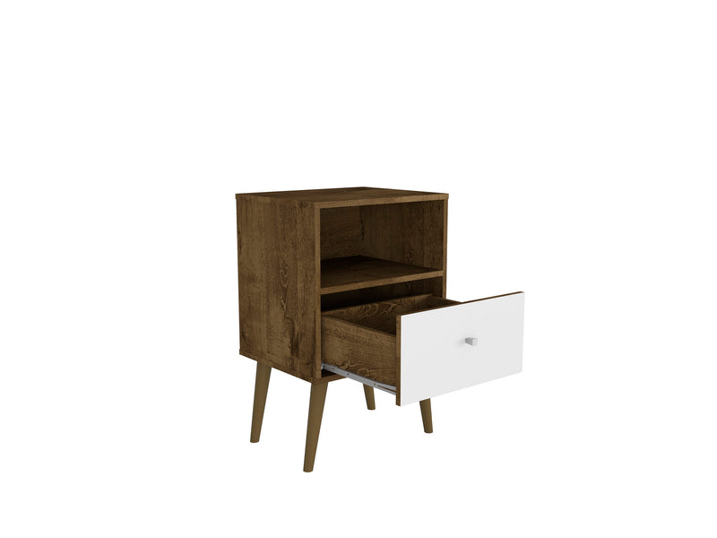 Table de nuit Liberty de Manhattan Comfort de style moderne du milieu du 20e siècle avec compartiment et tiroir - brun rustique et blanche