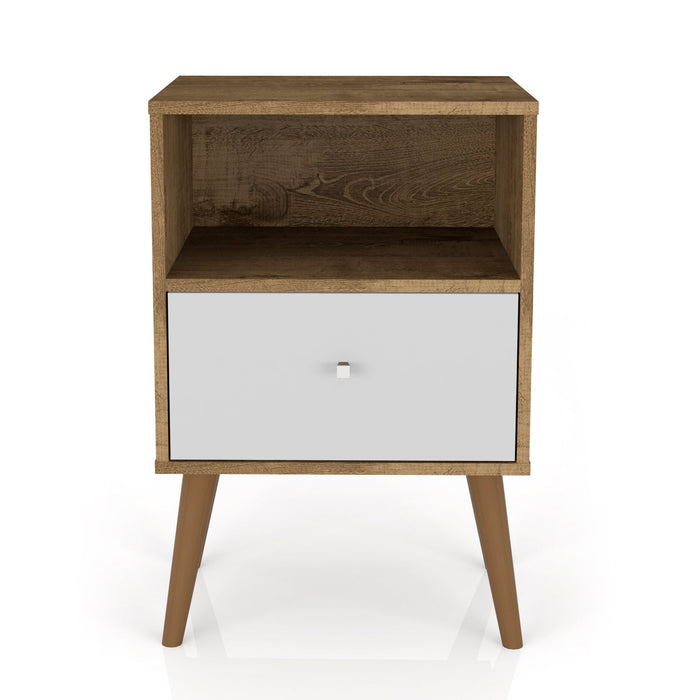 Table de nuit Liberty de Manhattan Comfort de style moderne du milieu du 20e siècle avec compartiment et tiroir - brun rustique et blanche