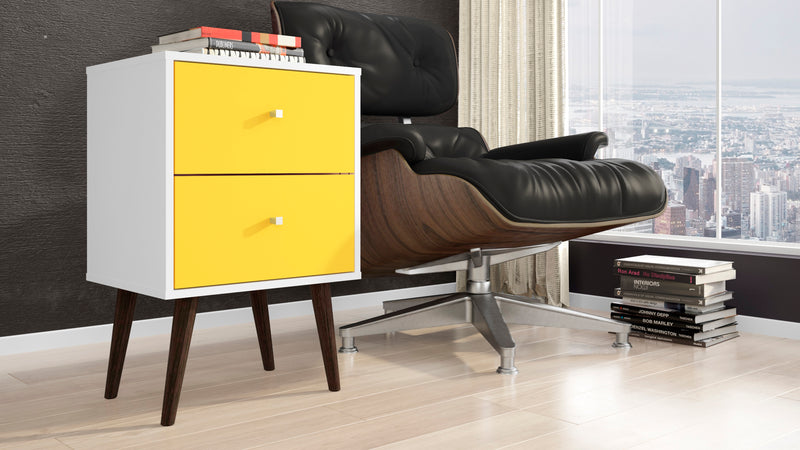 Table de nuit Liberty de Manhattan Comfort de style moderne du milieu du 20e siècle avec 2 tiroirs à extension complète - blanche et jaune