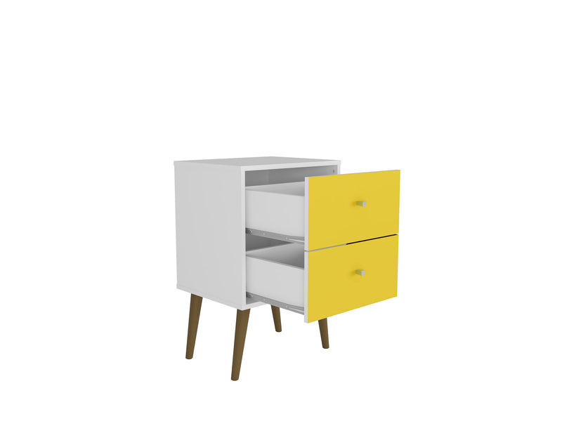 Table de nuit Liberty de Manhattan Comfort de style moderne du milieu du 20e siècle avec 2 tiroirs à extension complète - blanche et jaune