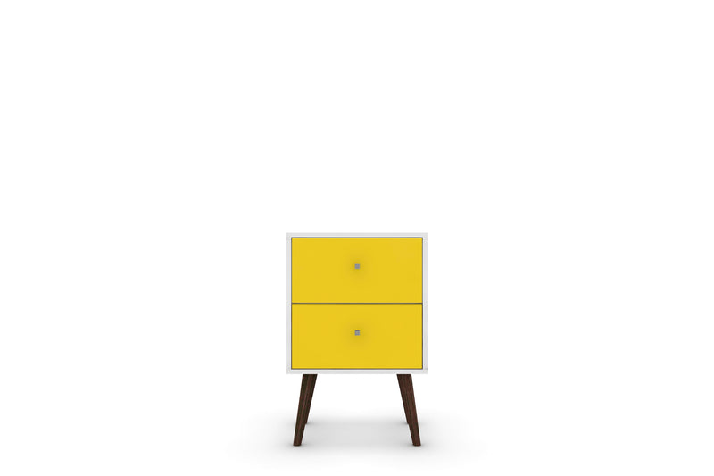 Table de nuit Liberty de Manhattan Comfort de style moderne du milieu du 20e siècle avec 2 tiroirs à extension complète - blanche et jaune