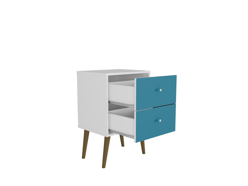 Table de nuit Liberty de Manhattan Comfort de style moderne du milieu du 20e siècle avec 2 tiroirs à extension complète - blanche et bleu turquoise