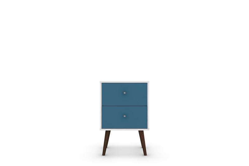 Table de nuit Liberty de Manhattan Comfort de style moderne du milieu du 20e siècle avec 2 tiroirs à extension complète - blanche et bleu turquoise