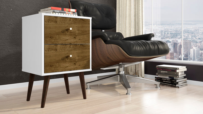 Table de nuit Liberty de Manhattan Comfort de style moderne du milieu du 20e siècle avec 2 tiroirs à extension complète - blanche et brun rustique
