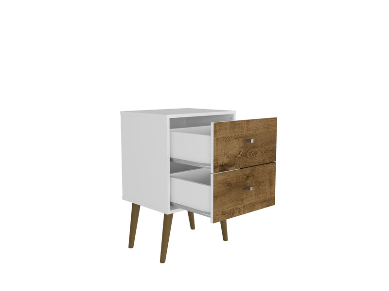 Table de nuit Liberty de Manhattan Comfort de style moderne du milieu du 20e siècle avec 2 tiroirs à extension complète - blanche et brun rustique