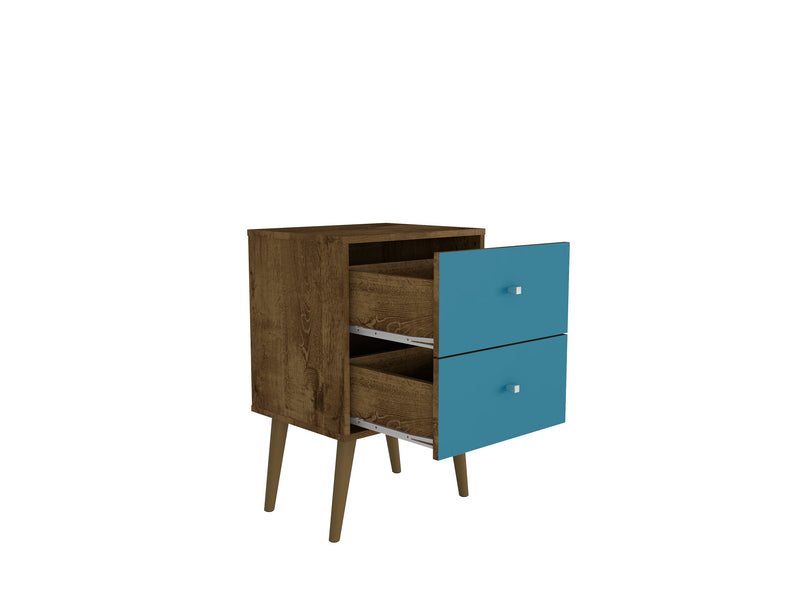 Table de nuit Liberty de Manhattan Comfort de style moderne du milieu du 20e siècle avec 2 tiroirs à extension complète - brun rustique et bleu turquoise