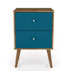 Table de nuit Liberty de Manhattan Comfort de style moderne du milieu du 20e siècle avec 2 tiroirs à extension complète - brun rustique et bleu turquoise