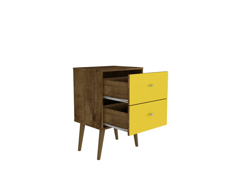 Table de nuit Liberty de Manhattan Comfort de style moderne du milieu du 20e siècle avec 2 tiroirs à extension complète - brun rustique et jaune