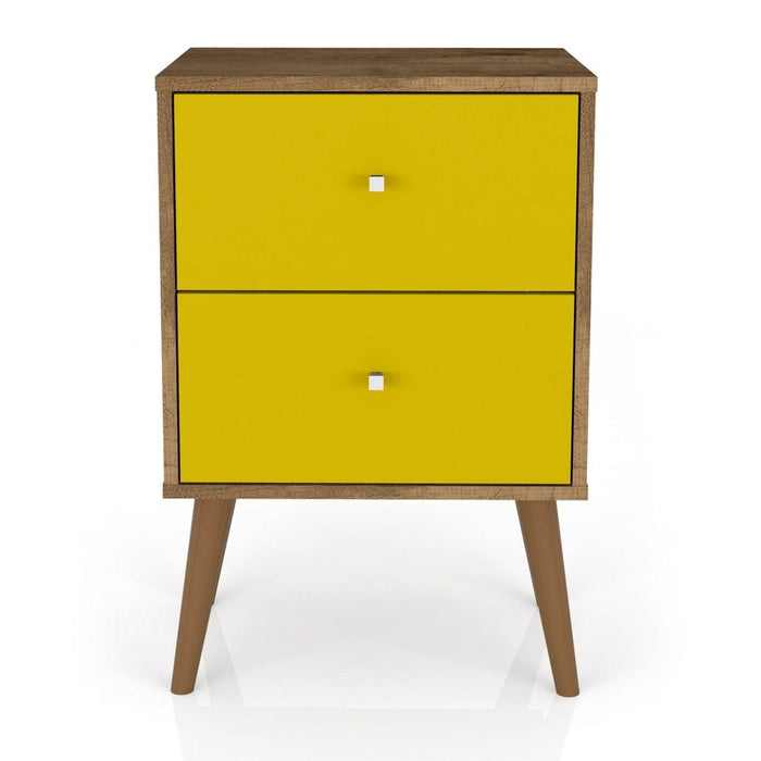 Table de nuit Liberty de Manhattan Comfort de style moderne du milieu du 20e siècle avec 2 tiroirs à extension complète - brun rustique et jaune