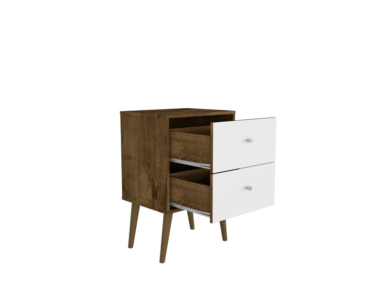 Table de nuit Liberty de Manhattan Comfort de style moderne du milieu du 20e siècle avec 2 tiroirs à extension complète - brun rustique et blanc