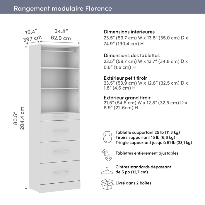 Système de garde-robe et pièce-penderie modulaire Florence de Bestar de 25 po avec rangement - blanc