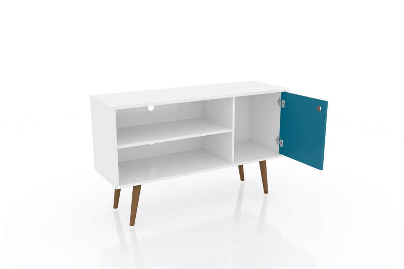 Meuble pour téléviseur Liberty de Manhattan Comfort de 42,52 po de style moderne du milieu du 20e siècle avec 2 tablettes et 1 porte - blanc et bleu turquoise