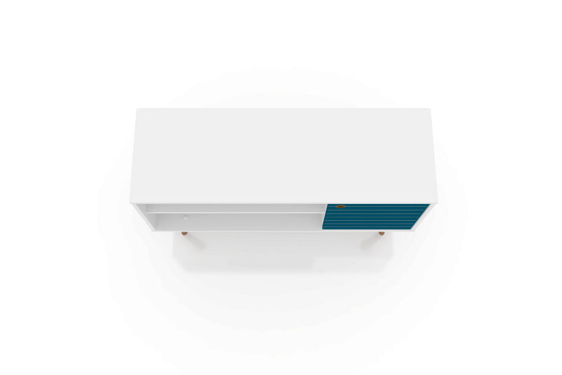 Meuble pour téléviseur Liberty de Manhattan Comfort de 42,52 po de style moderne du milieu du 20e siècle avec 2 tablettes et 1 porte - blanc et bleu turquoise