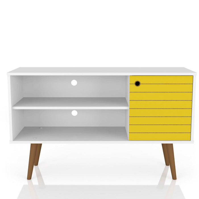 Meuble pour téléviseur Liberty de Manhattan Comfort de 42,52 po de style moderne du milieu du 20e siècle avec 2 tablettes et 1 porte - blanc et brun rustique