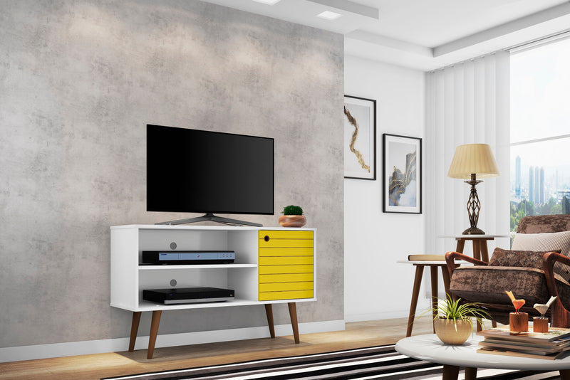 Meuble pour téléviseur Liberty de Manhattan Comfort de 42,52 po de style moderne du milieu du 20e siècle avec 2 tablettes et 1 porte - blanc et brun rustique