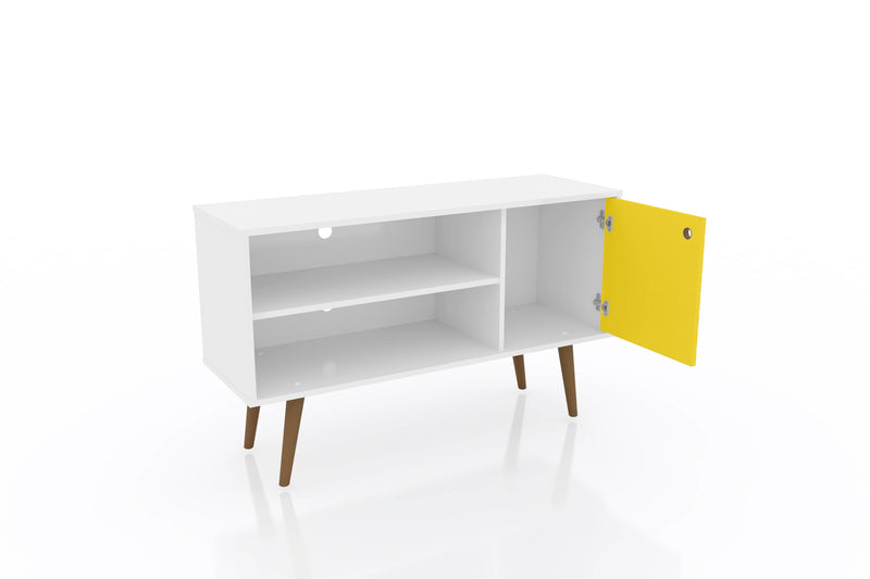 Meuble pour téléviseur Liberty de Manhattan Comfort de 42,52 po de style moderne du milieu du 20e siècle avec 2 tablettes et 1 porte - blanc et brun rustique