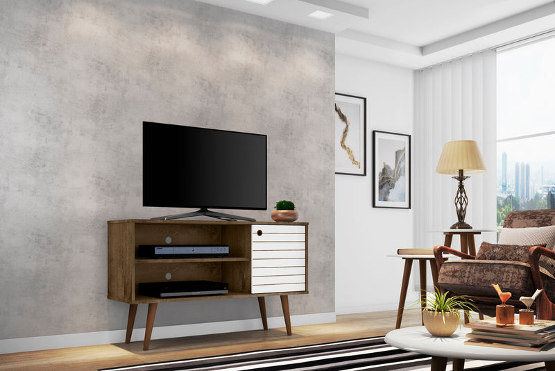 Meuble pour téléviseur Liberty de Manhattan Comfort de 42,52 po de style moderne du milieu du 20e siècle avec 2 tablettes et 1 porte - brun rustique et bleu turquoise