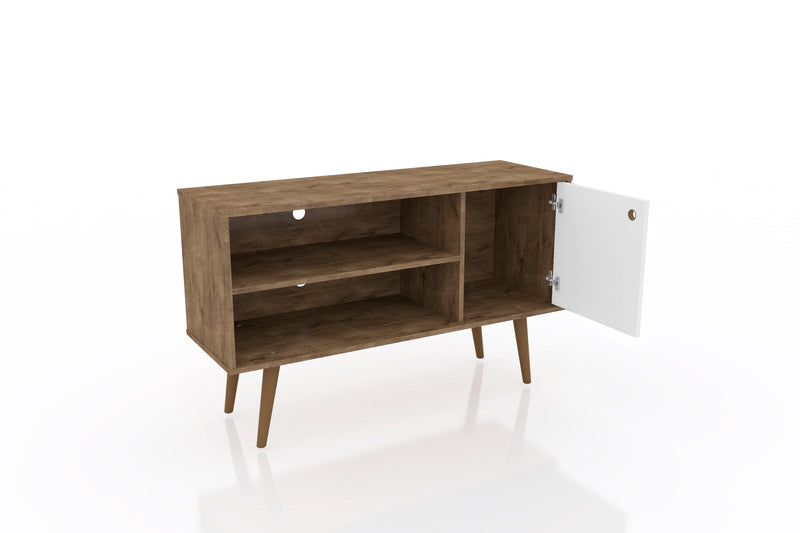 Meuble pour téléviseur Liberty de Manhattan Comfort de 42,52 po de style moderne du milieu du 20e siècle avec 2 tablettes et 1 porte - brun rustique et bleu turquoise