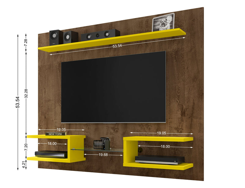 Meuble audio-vidéo mural flottant moderne Plaza de Manhattan Comfort de 64,25 po avec tablettes d’exposition - brun rustique et jaune