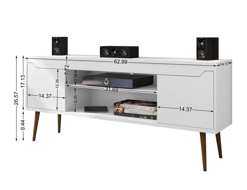 Meuble pour téléviseur Bradley de Manhattan Comfort de 62,99 po avec 2 tablettes multimédias et 2 tablettes de rangement - blanc et brun rustique