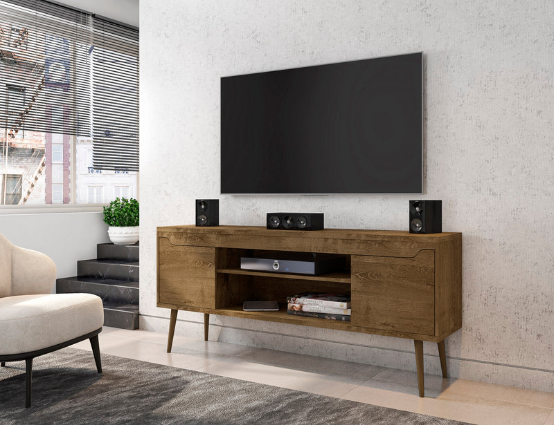Meuble pour téléviseur Bradley de Manhattan Comfort de 62,99 po avec 2 tablettes multimédias et 2 tablettes de rangement - brun rustique et jaune