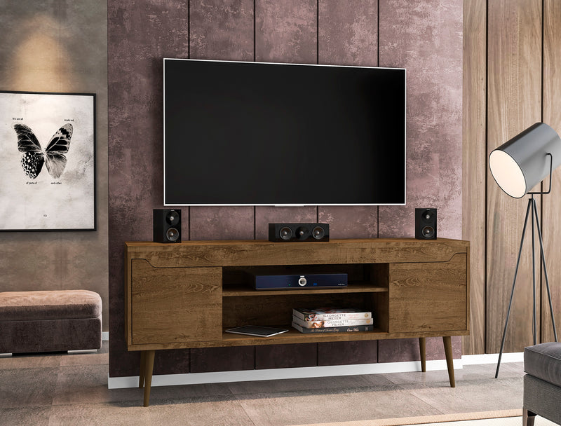 Meuble pour téléviseur Bradley de Manhattan Comfort de 62,99 po avec 2 tablettes multimédias et 2 tablettes de rangement - brun rustique et jaune