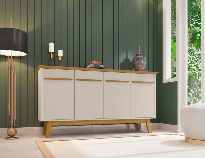 Desserte Yonkers de Manhattan Comfort de 62,99 po avec pattes en bois massif et 2 armoires - blanc cassé et cannelle