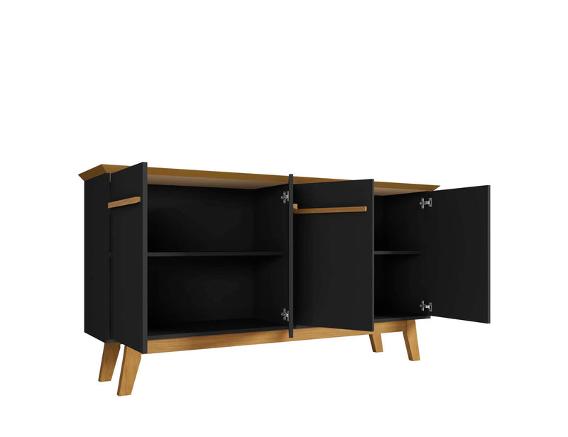 Desserte Yonkers de Manhattan Comfort de 62,99 po avec pattes en bois massif et 2 armoires - noire et cannelle