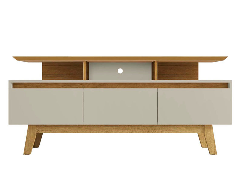 Meuble pour téléviseur Yonkers de Manhattan Comfort de 62,99 po avec pattes en bois massif et 6 compartiments de rangement multimédia - blanc cassé et cannelle