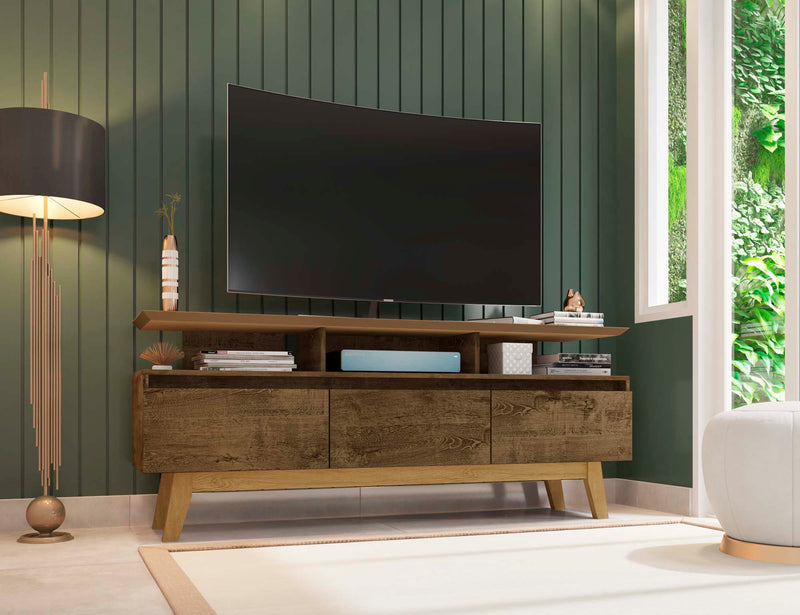 Meuble pour téléviseur Yonkers de Manhattan Comfort de 62,99 po avec pattes en bois massif et 6 compartiments de rangement multimédia - brun rustique