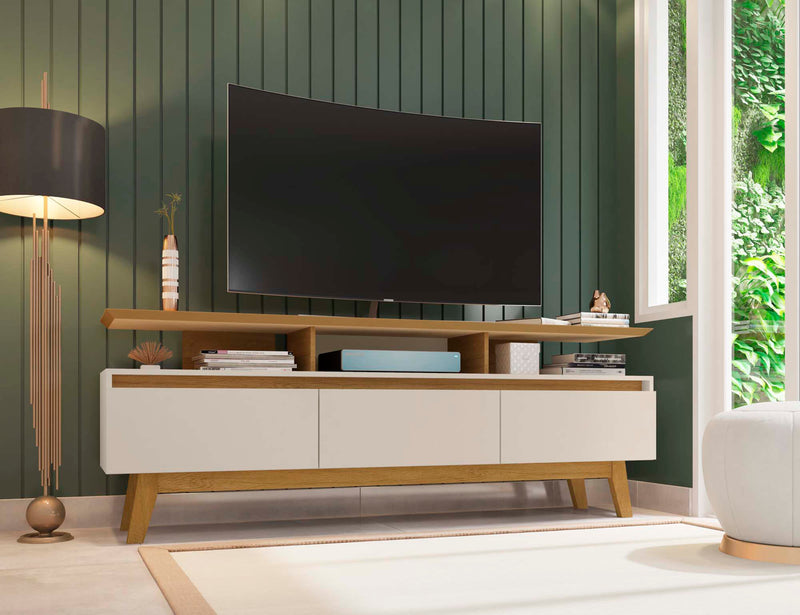 Meuble pour téléviseur Yonkers de Manhattan Comfort de 70,86 po avec pattes en bois massif et 6 compartiments de rangement multimédia - blanc cassé et cannelle