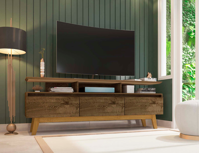 Meuble pour téléviseur Yonkers de Manhattan Comfort de 70,86 po avec pattes en bois massif et 6 compartiments de rangement multimédia - brun rustique