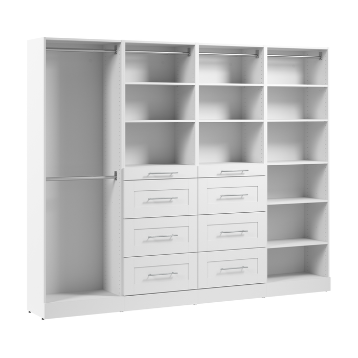 Système de garde-robe et pièce-penderie modulaire Florence de Bestar de 100 po avec tringles, tablettes et tiroirs de style Shaker - blanc