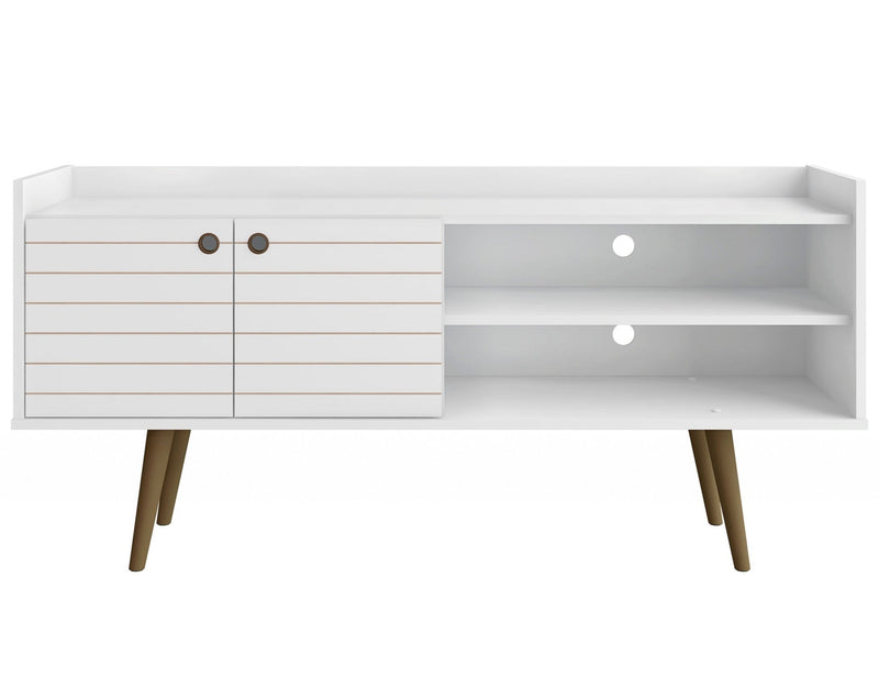 Meuble pour téléviseur Bogart de Manhattan Comfort de 53,54 po de style moderne du milieu du 20e siècle - blanc et naturel