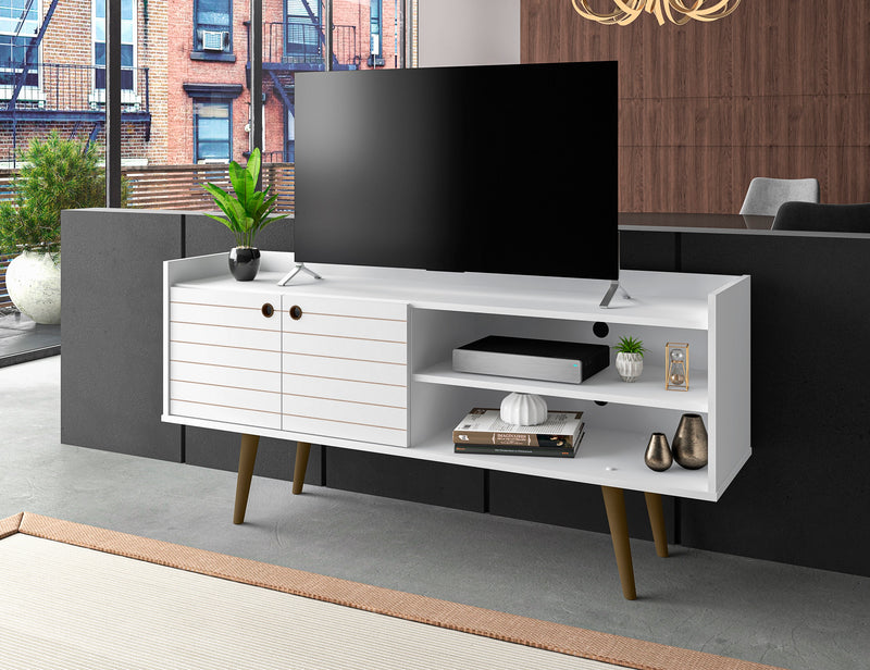 Meuble pour téléviseur Bogart de Manhattan Comfort de 53,54 po de style moderne du milieu du 20e siècle - blanc et naturel