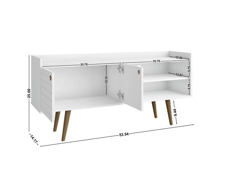 Meuble pour téléviseur Bogart de Manhattan Comfort de 53,54 po de style moderne du milieu du 20e siècle - blanc et naturel
