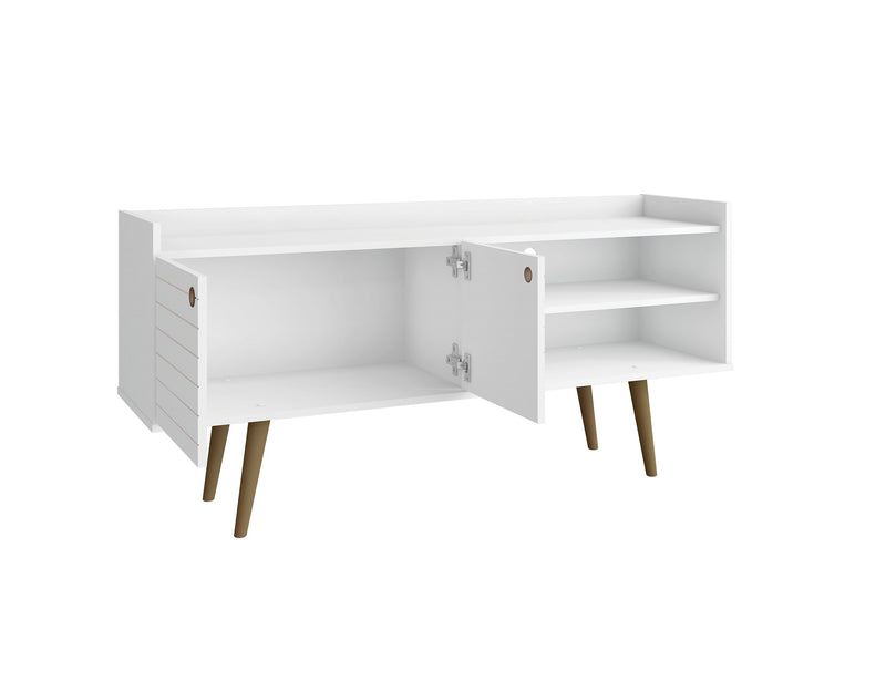 Meuble pour téléviseur Bogart de Manhattan Comfort de 53,54 po de style moderne du milieu du 20e siècle - blanc et naturel