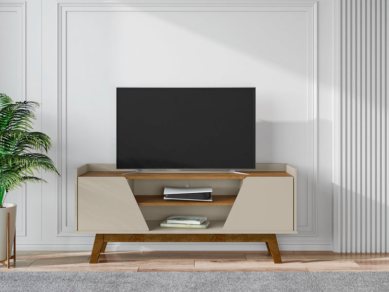 Meuble pour téléviseur Marcus de Manhattan Comfort de 53,14 po de style moderne du milieu du 20e siècle avec pattes en bois massif - greige et naturel