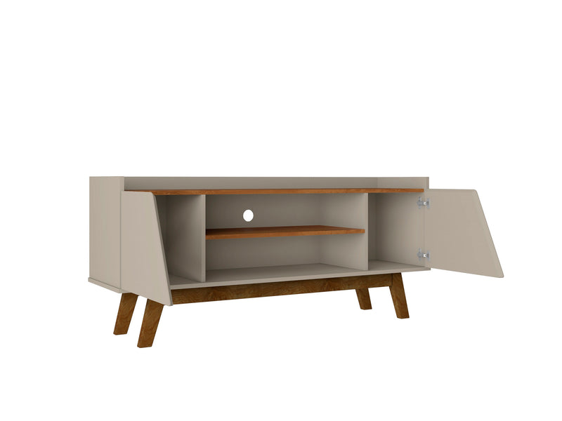 Meuble pour téléviseur Marcus de Manhattan Comfort de 53,14 po de style moderne du milieu du 20e siècle avec pattes en bois massif - greige et naturel