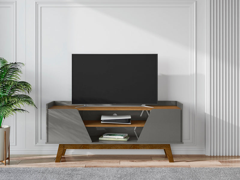 Meuble pour téléviseur Marcus de Manhattan Comfort de 53,14 po de style moderne du milieu du 20e siècle avec pattes en bois massif - gris et naturel