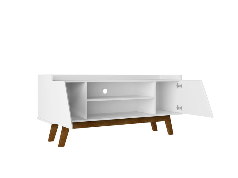Meuble pour téléviseur Marcus de Manhattan Comfort de 53,14 po de style moderne du milieu du 20e siècle avec pattes en bois massif - blanc